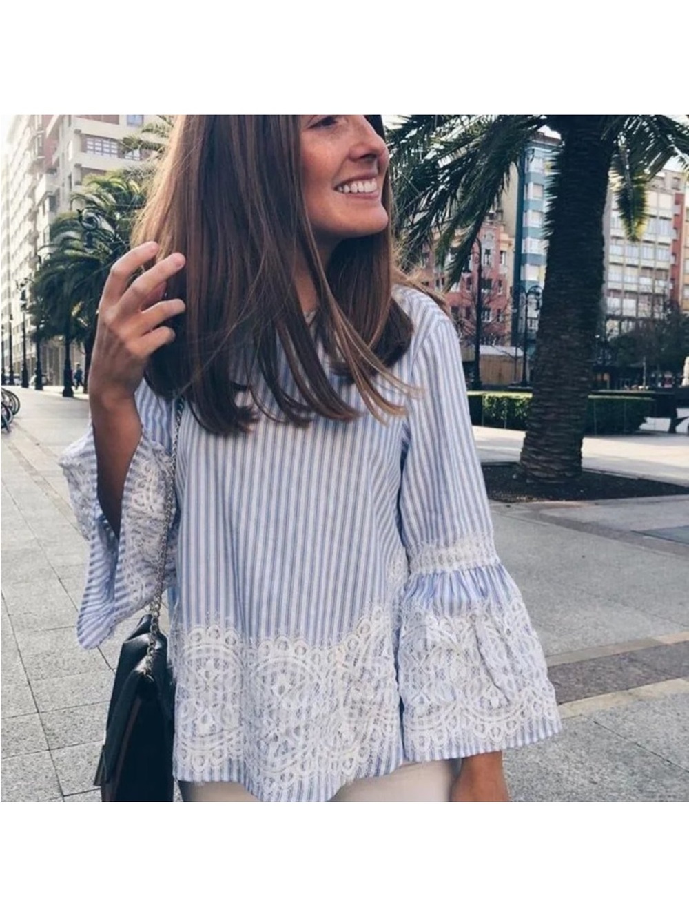 Zara Light Blue & White Striped Lace-Trim Bell Sleeve Top